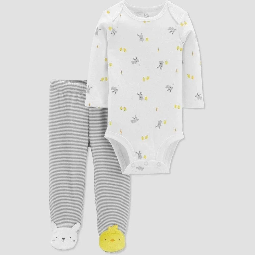 NEWBORN SIZE UNISEX Baby 2pc Bunny Chick Print Top and Bottom Set